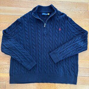 Polo Ralph Lauren 1/4 Zip Cable Knit Sweater Mens‎ 2XB Navy Blue Mock Neck Pony